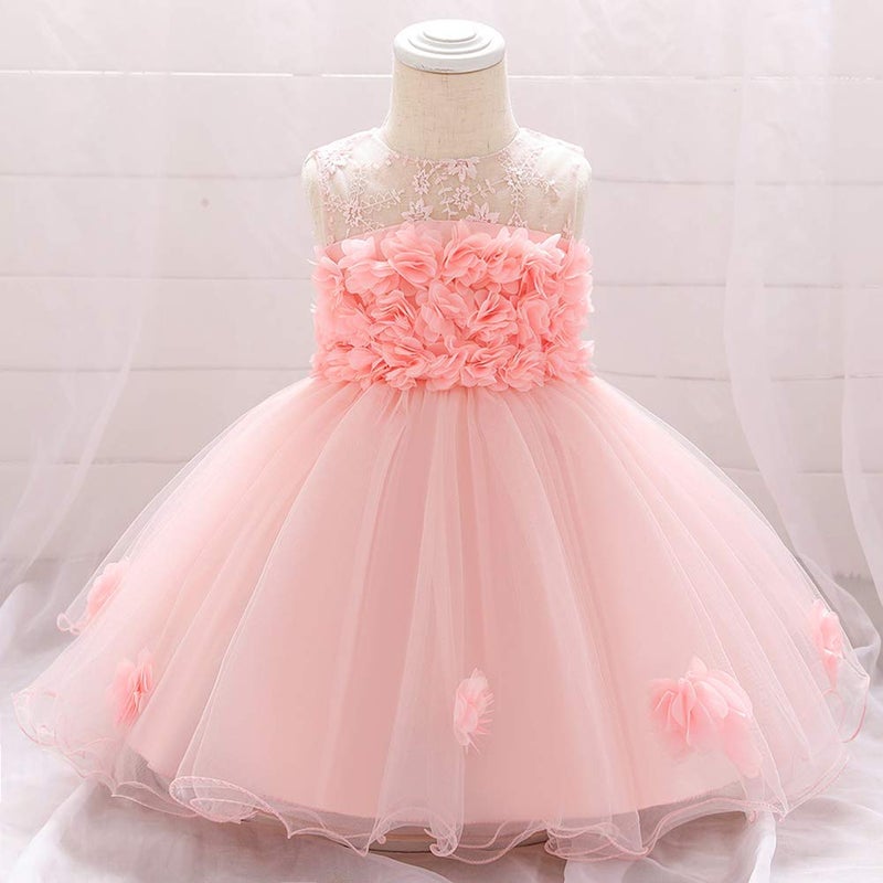 ODASDO Baby Flower Girl Dresses Infant Toddler Kids 1st 2nd Birthday Party Dress Lace Flower Embroidered Pageant Wedding Bridesmaid Evening Summer Sleeveless Princess Tutu Tulle Gown Light Pink 18-24M - Image 2